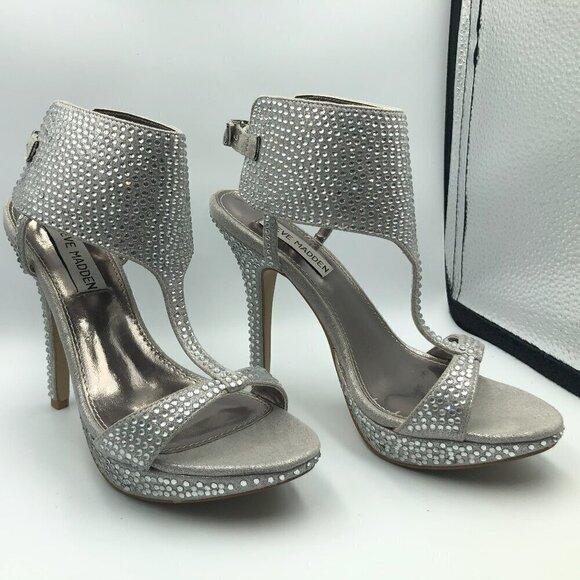 Steve Madden Glitsi Silver Crystal Platform T-Strap Heels Size 6 - Picture 1 of 6